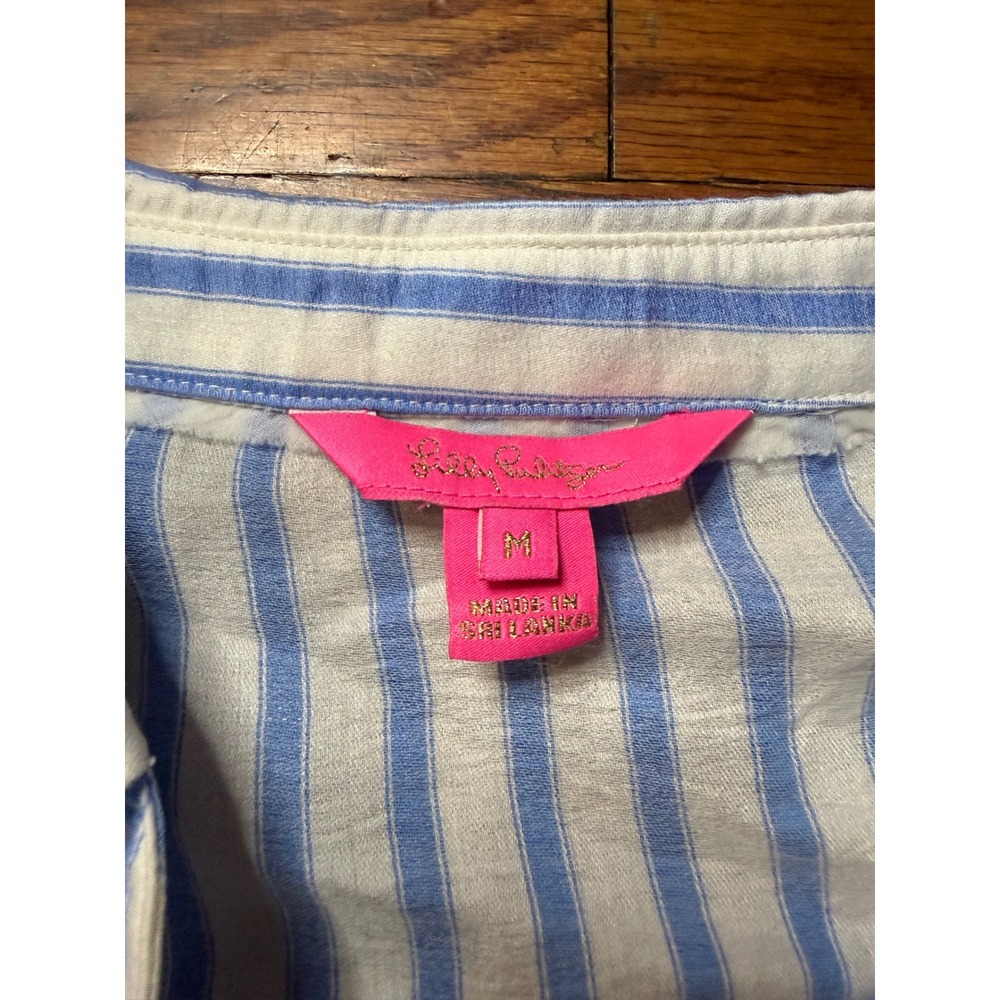 Lilly Pulitzer Blue White Striped Bell Sleeve Tie Front Button Down Top M - Picture 2 of 6